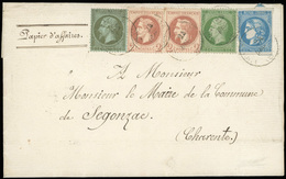 O N°19+ 20 + 26x2, + 46. 1c. Olive + 5c. Vert + 2c. Brun-rouge X 2 + 20c. Bleu Obl. S/Papier D'affaires à Destination De - 1862 Napoléon III