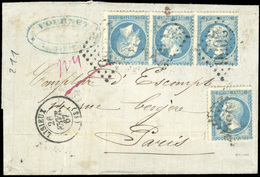 O N°22b, 20c. Bleu. Bande De 3 (décentrée) Avec Tête-Bêche Obl. GC 2056 + Une Unité Sur Lettre Frappée Du CàD De LISIEUX - 1862 Napoléon III