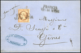 O N°23, 40c. Orange Obl. De La Griffe Italienne ''FRANCIA VIA DI MARE'' S/lettre Manuscrite Du 15 Mars 1864 à Destinatio - 1862 Napoléon III