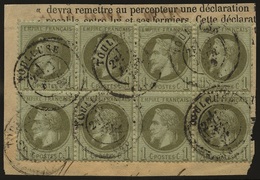 O N°25, 1c. Olive. Bloc De 8 Sur Fragment De Journal. Obl. Toulouse. - 1863-1870 Napoléon III Lauré