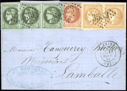 O N°26+ 39x3, + 43x2. 2c. Laurés + 1c. Olive Paire + Unité + Paire Du 10c. Bistre Obl. GC 3533 S/lettre Frappée Du CàD D - 1863-1870 Napoléon III Con Laureles