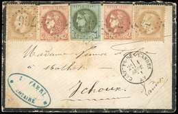 O N°28x2 +39 + 40x2, 10c. Bistre X 2 (1 Timbre Avec Déf.) + 1c. Olive + 2c. Chocolat X 2 Obl. GC 766 S/lettre Frappée Du - 1863-1870 Napoléon III Con Laureles