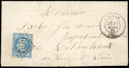 O N°29Bb, 20c. Bleu. Variété à La Corne. Obl. GC 1076 Sur Lettre Frappée Du CàD De COLMAR Du 28 MARS 1869 à Destination  - 1863-1870 Napoléon III Con Laureles