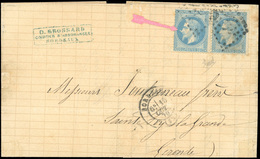 O N°29Bb, 20c. Bleu. Paire Dont 1 Timbre à La Corne Tenant à Normal Obl. GC 532 Sur Lettre Frappée Du CàD De BORDEAUX Du - 1863-1870 Napoléon III Lauré