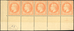 * N°31, 40c. Orange. Bande De 5. Coin De Feuille Avec Cachet De ''Contrôle T.P.'' Et Croix De Repère. SUP. - 1863-1870 Napoléon III Lauré