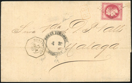 O N°32, 80c. Rose Obl. Ancre S/lettre Frappée Du CàD De MONTEVIDEO Du 15 Février 1869 à Destination De MALAGA. Cachet De - 1863-1870 Napoléon III Con Laureles