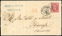 O N°32, 80c. Rose Obl. GC 2240 S/lettre Frappée Du CàD De MARSEILLE Du 10 Juin 1871 à Destination TENERIFE - CANARIES. A - 1863-1870 Napoléon III Lauré