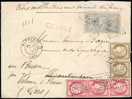 O N°33113, 5F. Violet-gris + Paire Du 30c. Brun + Bande De 3 Verticale Du 80c. Rose Obl. GC 2226 S/lettre Chargée à 3.37 - 1863-1870 Napoléon III Con Laureles