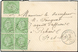 O N°35, 5c. Vert-pâle S/bleu Bloc De 4 + 1 Ex. Obl. GC 1172 S/lettre Frappée Du CàD De COULOMMIERS Du 4 Juillet 1872 à D - 1863-1870 Napoléon III Lauré