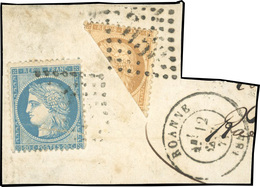 O N°3637, Coupé Du 10c. Bistre + 20c. Bleu Obl. GC S/fragment Frappé Du CàD De ROANNE Du 12 Septembre 1871. TB. - 1870 Siège De Paris