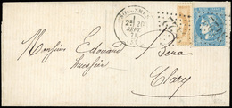 O N°3646, Coupé Du 10c. Bistre + 20c. Bleu, Petit Haut De Feuille, Obl. GC 3422 S/lettre Frappée Du CàD De SOLESMES Du 2 - 1870 Asedio De Paris