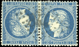 O N°37c, 20c. Bleu. Paire Tête-bêche Obl. G.C. 844. Centrage Exceptionnel. TB. - 1870 Siège De Paris