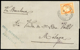 O N°38, 40c. Orange S/lettre Manuscrite De MARSEILLE Du 19 Août 1874 à Destination De MALAGA Via BARCELONE. Timbre Obl.  - 1870 Siège De Paris