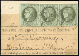 O N°39A, Bande De 3 Du 1c. Olive, Report 1, Obl. Cachet Perlé, S/fragment De Bande D'imprimé. TB. R. - 1870 Emission De Bordeaux