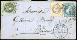 O N°39B + 27B + 46B, 1c. Olive. Report 1. + 4c. Gris. Type 2. + 20c. Bleu. Type 3. Report 2. Obl. GC 2289 Sur Lettre Fra - 1870 Emisión De Bordeaux