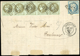 O N°39x5 +37, 1c. Vert-olive En Bande De 5 + 20c. Siège. Obl. G.C. 2610 Sur Lettre Frappée Du CàD De NARBONNE Du 27 Sept - 1870 Emisión De Bordeaux