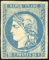 * N°44A, 20c. Bleu. Type I. Gomme Légèrement Jaunie Au Niveau De La Charnière. SUP. R. - 1870 Emission De Bordeaux