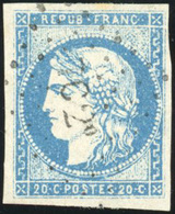 O N°44A, 20c. Bleu. Type I. Report I. Obl. Légère. TB. - 1870 Emission De Bordeaux
