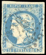 O N°44A, 20c. Bleu. Belles Marges. Obl. Légère. TB. - 1870 Emission De Bordeaux