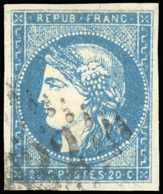 O N°44B, 20c. Bleu. Obl. GC. Marges égales. TB. - 1870 Emission De Bordeaux