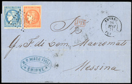 O N°46B+ 48, 20c. Bleu (déf.) + 40c. Orange (déf.) Obl. GC 5098 S/lettre Frappée Du CàD De SMYRNE - TURQUIE Du 26 Mai 18 - 1870 Emission De Bordeaux