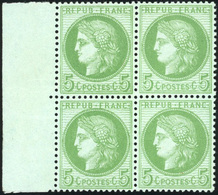 ** N°53, 5c. Vert-jaune S/azuré. Bloc De 4 Avec BdeF. Très Belle Nuance. SUP. - 1871-1875 Ceres