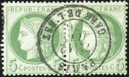 O N°53, Paire Du 5c. Vert-jaune S/azuré. Papier Filigané LACROIX. Obl. Centrale. TB. - 1871-1875 Cérès