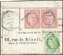 O N°58c + 53, 10c. Brun Sur Rose Paire Tête-Bêche + 5c. Vert Obl. Sur Fragment Frappé Du CàD Du 15 JANVIER 1874. TB. - 1871-1875 Cérès