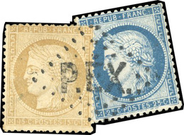 O N°5960, 15c. Bistre + 25c. Bleu Obl. Losange PEX De L'Exposition Universelle. SUP. RR. - 1871-1875 Ceres