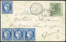 O N°60, Paire Du 25c. Bleu + 2 Unités + URUGUAY N°31 10c. Vert Obl. PC 532 S/lettre Frappée Du CàD ''CORREOS 7 JUL. 73'' - 1871-1875 Cérès