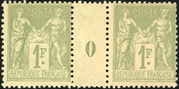 * N°82, 1F. Olive. Type II. Paire Millésime 0. Charnière Sur Inter-panneau. SUP. - 1876-1878 Sage (Type I)