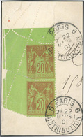 O N°96, 20c. Brique S/vert. Paire Verticale Obl. S/fragment. Coin De Feuille. ND à Gauche Suite à Une Variété De Piquage - 1876-1878 Sage (Type I)