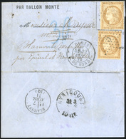 O N°36x 2, LE MONTGOLFIER. 10c. Siège X 2 Obl. GC 5 S/lettre ''PAR BALLON MONTE'' Frappée Du CàD De PARIS R. DE BONDY Du - Guerre De 1870