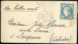 O N°37, 20c. Bleu Obl. étoile ''12'' Sur Lettre Frappée Du CàD De PARIS - BL. BEAUMARCHAIS Du 22 NOVEMBRE 1870 à Destina - Guerra De 1870