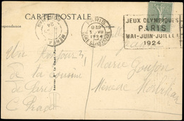 O N°130, 15c. Vert-gris Obl. ''JEUX OLYMPIQUES PARIS MAI-JUIN-JUILLET 1924'' S/carte Postale Frappée Du CàD De PARIS Du  - Autres & Non Classés