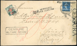 O N°8, 25c. Bleu, Surcharge ''POSTES SERBES'' Obl. S/lettre Frappée Du Cachet Du 28.9.1918 à Destination De GENEVE. Lett - Guerre De 1914-18