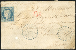 O N°12, 20c. Bleu. Lettre Postée à Saint Paul, Réunion, à Destination De St Jean D'Angély, Le 7 Février 1872, Affranchie - Altri & Non Classificati