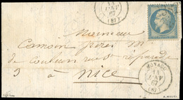 O N°22, 20c. Bleu. Obl. Losange G.C. 2387 Sur Lettre Frappée Du CàD De MONACO Du 14 Janvier 1867 à Destination De NICE.  - Otros & Sin Clasificación