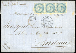 O N°4, Timbres De Colonies Générales N°4x3. Bande De 3 Du 20c. Bleu, Obl. Ancre S/lettre Frappée Du CàD ''COL. FR. PAQ.  - Autres & Non Classés