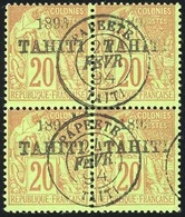 O N°25, 20c. Brique S/vert. Bloc De 4. Obl. PAPEETE - TAITI Du 24 Février 1894. TB. - Otros & Sin Clasificación