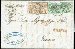 O N°2x2+ 6x2, 1b. Vert Clair X2 + 5b. Rose X2 Obl. Sur Lettre Frappée Du CàD De BOLOGNE Du 10 MAI 1854 à Destination De  - Estados Pontificados