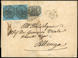 O N°8*2 + 7, 7b. Bleu. Paire + 6b. Gris-vert. Obl. Sur Lettre Frappée Du CàD De ROME Du 12 MARS 1861 à Destination D'ALB - Estados Pontificados