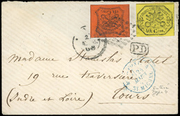 O N°1517, 10c. Rouge éteint + 40c. Jaune. Obl. Grille Sur Lettre Frappée Du CàD De 1868 à Destination De TOURS. Arrivée  - Estados Pontificados