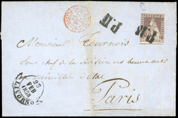 O N°8, 9cr. Brun-lilas. Obl. Sur Lettre Frappée Du CàD De LIVORNO Du 23 Février 1858 à Destination De PARIS. Arrivée Le  - Toscana