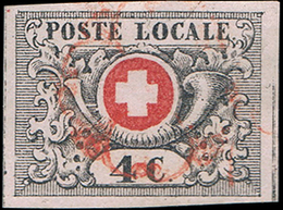 O N°5, 4c. ''de Vaud'' Obl. Rosette Rouge De Genève AW3. Infime Clair Sinon Pièce Superbe (Zst#9). RRR. - Otros & Sin Clasificación