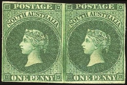 (*) N°1, Paire Du One Penny. Vert Foncé Aminci Sur 1 Timbre. TB SG N° 1. One Penny Dark Green Pair. Very Little Thin On  - Autres & Non Classés