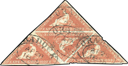 O N°1, 1p. Rouge Vif. Bloc De 4 Triangulaire. Papier Bleuté. Variété ''Watermark Sideways''. Oblitération Cachet Ovale C - Kap Der Guten Hoffnung (1853-1904)