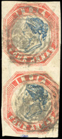 O N°5, 4a. Bleu Et Rouge. Paire Verticale. Tête Die III. Cadre Die II. (SG#23- C.2100£). Sans Ligne De Séparation. SUP. - Otros & Sin Clasificación