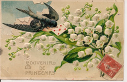 L80b081 - Carte Gauffrée - Bouquet De Muguet Et Oiseau - "Souvenir De Printemps" - Bloemen