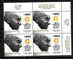 ARGENTINA 2019 INDIA MAHATMA GANDHI 150° ANIVERSARY BLOC OF 4,CUADRE,VIERERBLOCNEUF,MNH,POSTFRISCH - Unused Stamps